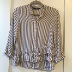 NWOT ZARA XS Ruffle Blouse Brown white stripes